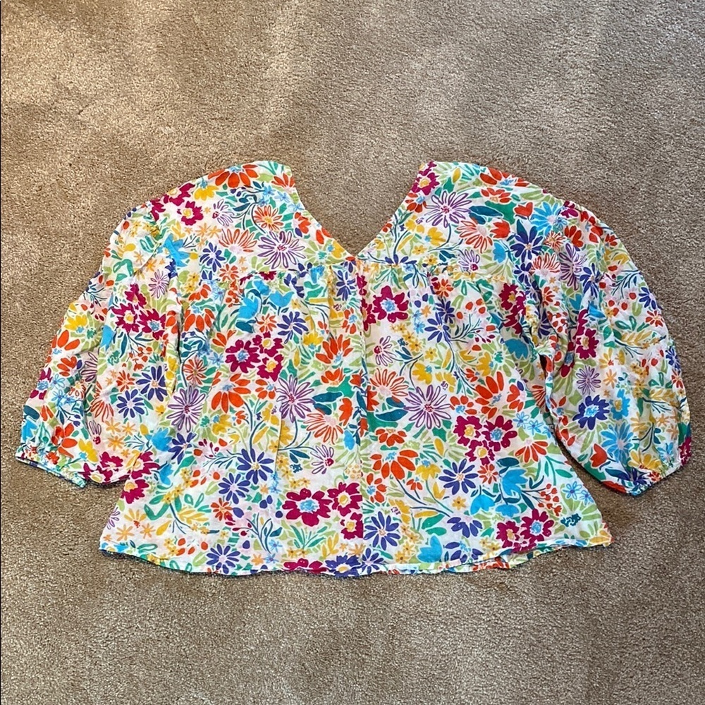 First Love Double V Loose Fitting Cotton Blend Balloon Slv Floral Cottagecore L